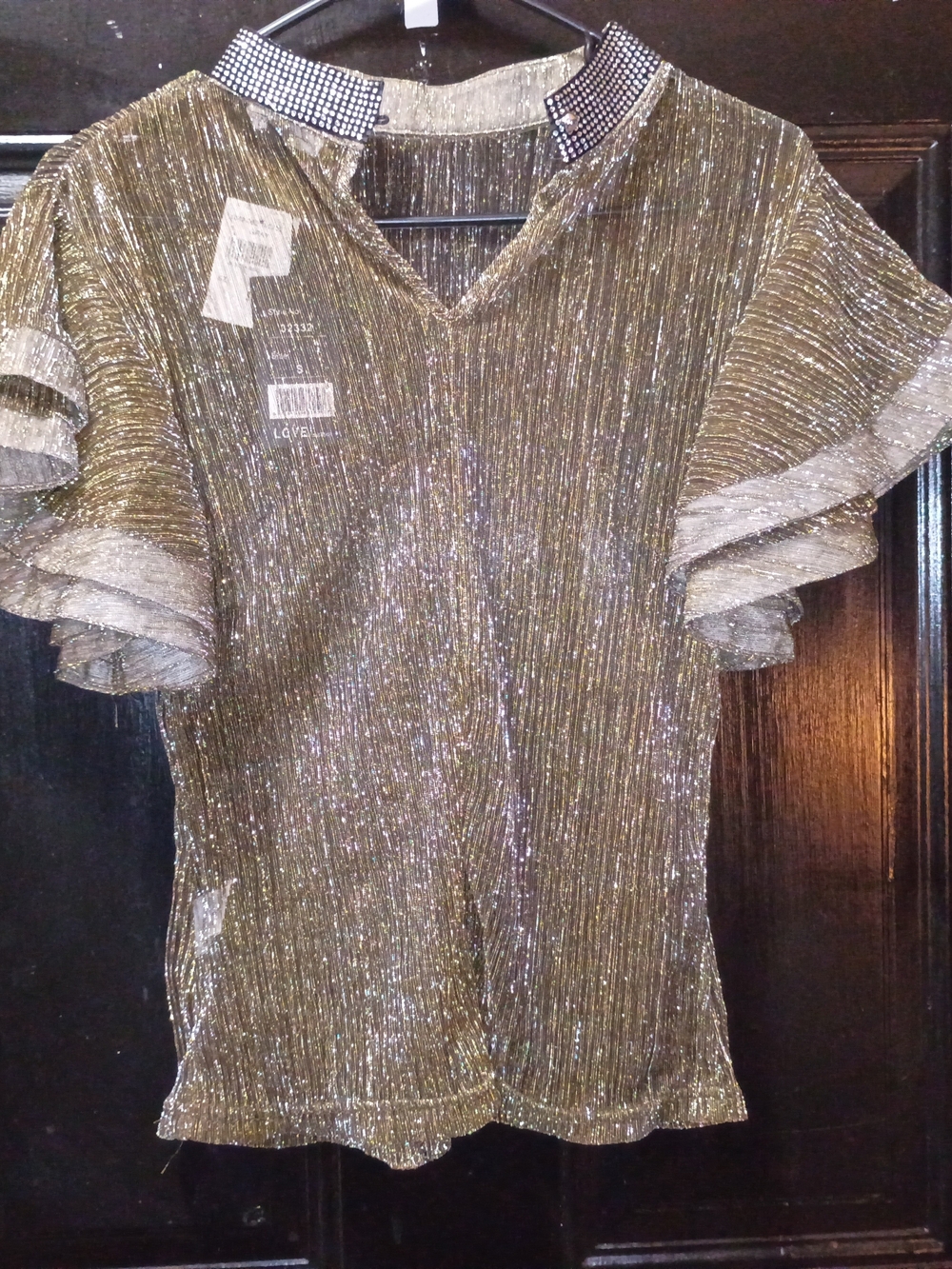 Embellished Collar Metallic Gold Ruffle Sleeve Blouse